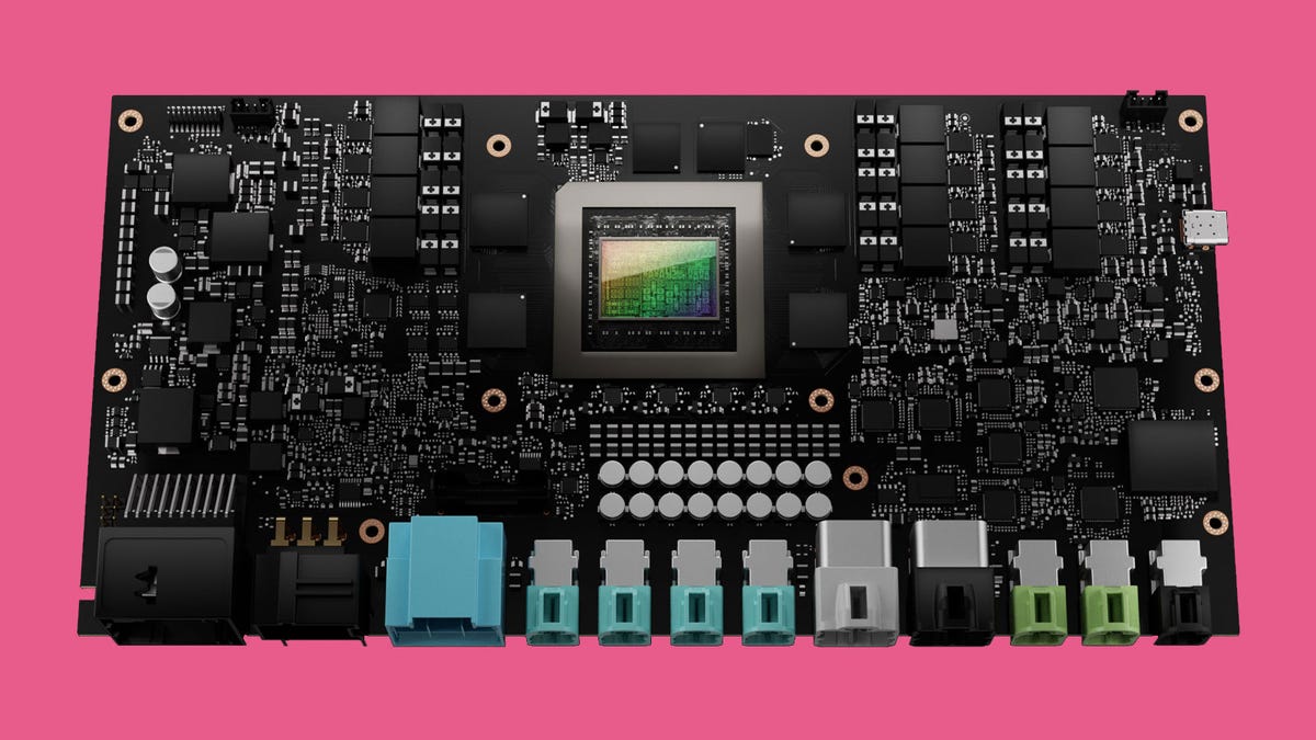 A computer rendering of an Nvidia Thor processor on a complicated electronics board