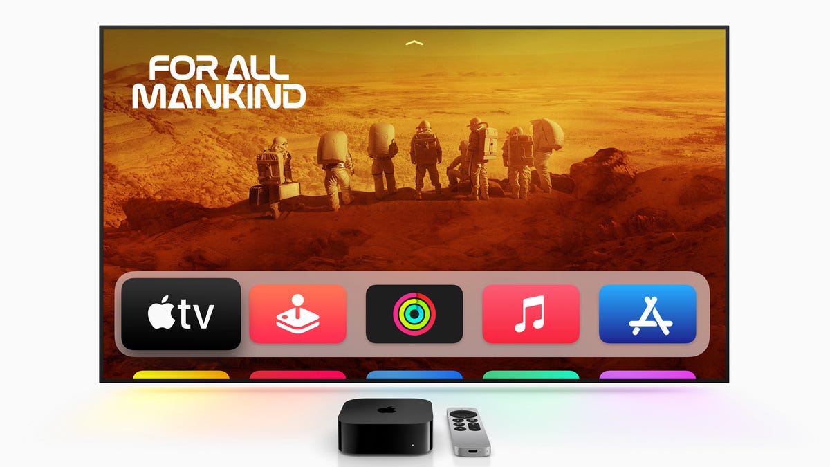 The Apple TV 4K streaming box and a TV.