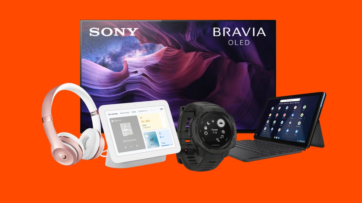 A Sony Bravia OLED, headphones, a smartwatch, a smart home hub and a hybrid tablet