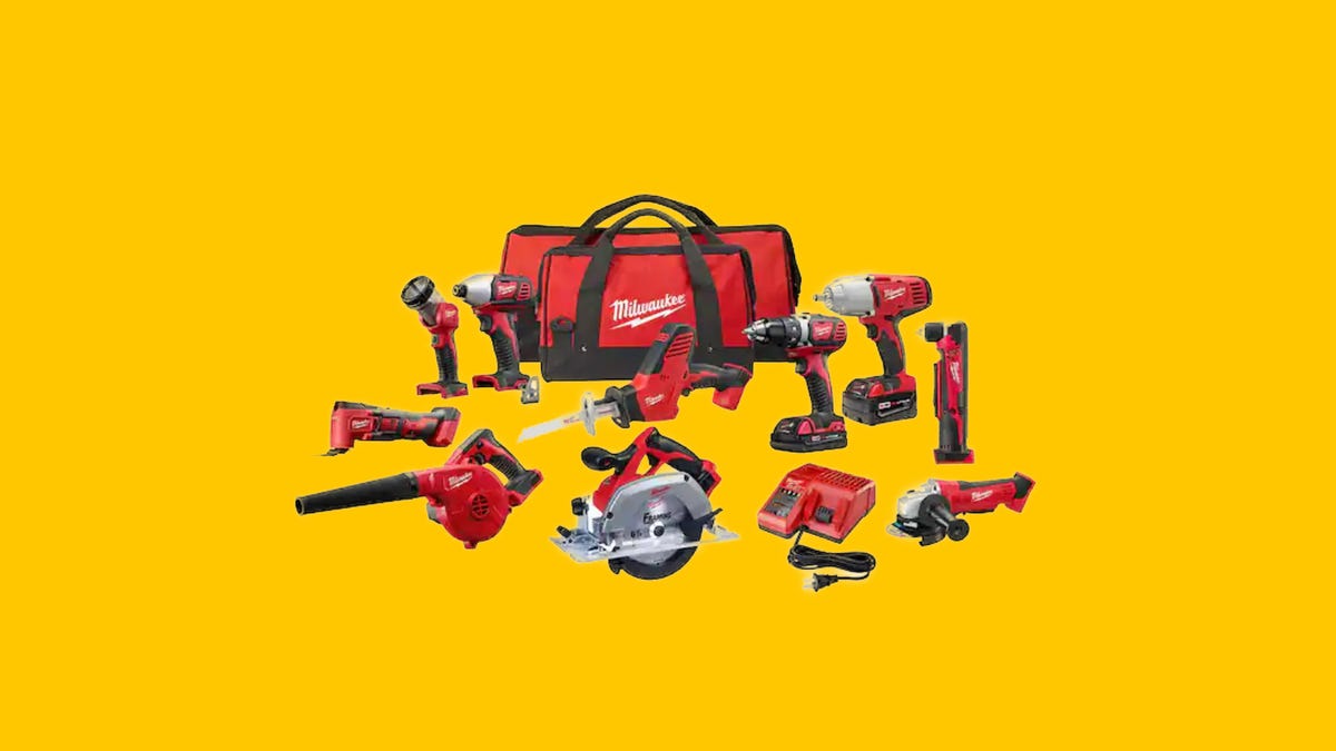 A selection of power tools, including drills and saws, plus a Milwaukee carry bag