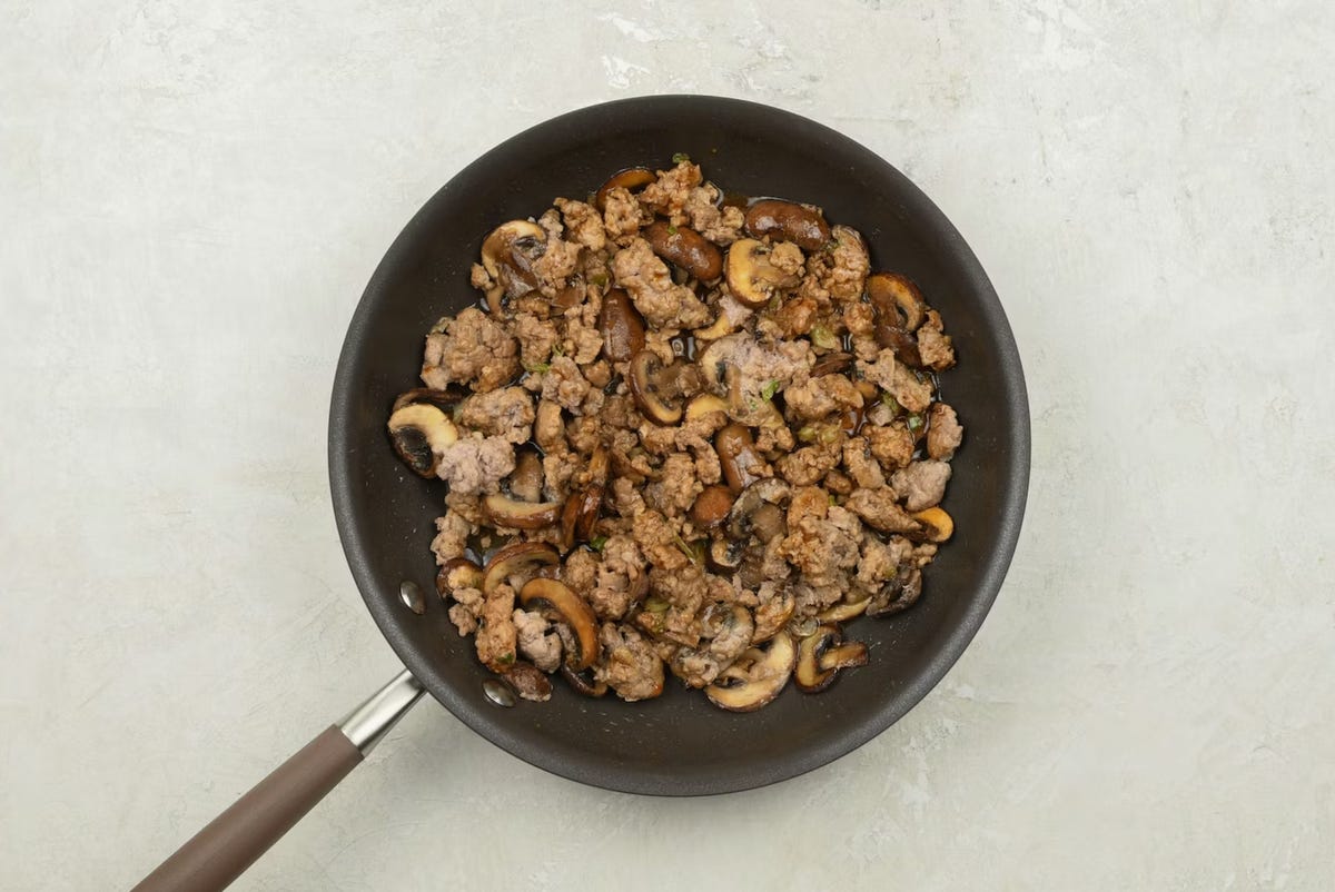 skillet with pork and mushrooms