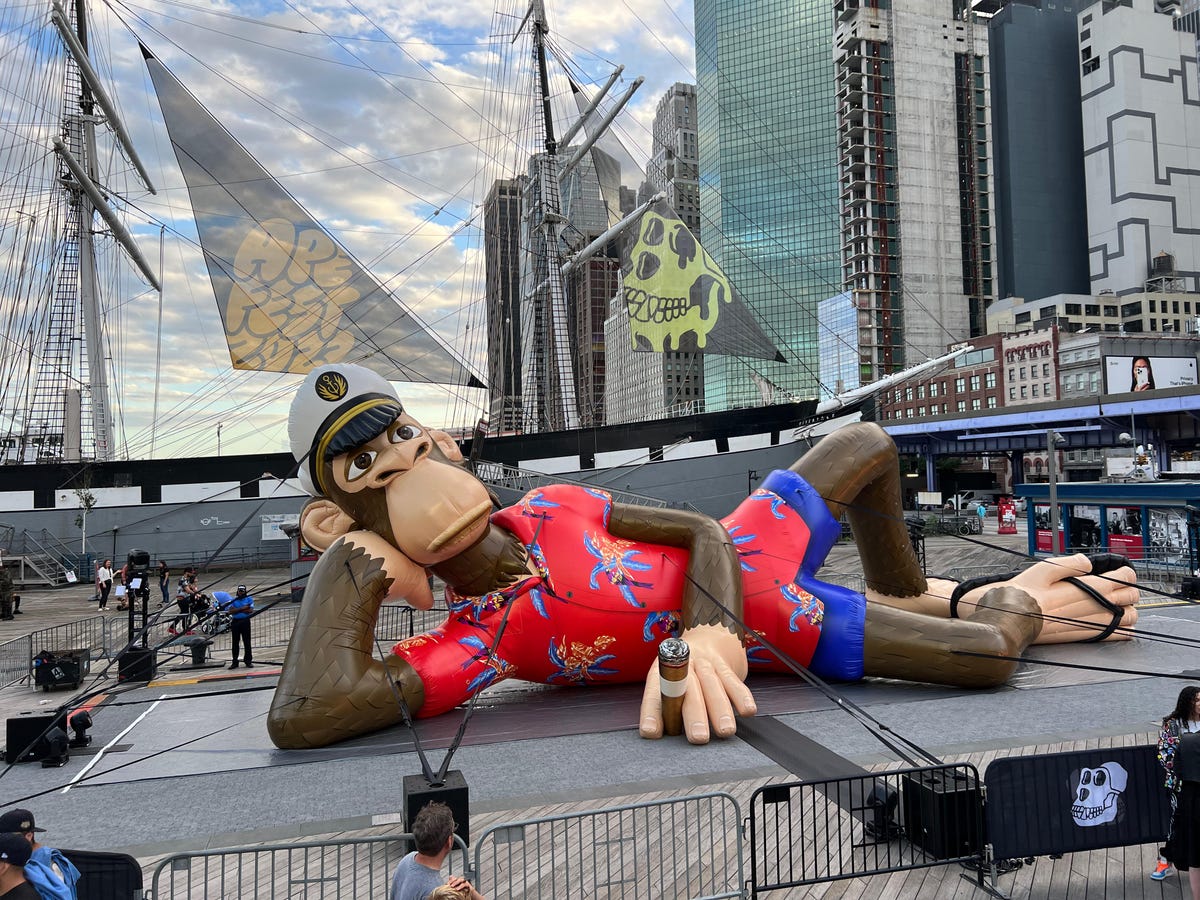 A blow-up Bored Ape Yacht Club character at New York's Pier 17.
