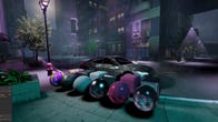 Multi-colored spheres next to a car in a virtual scene from a video game, at night