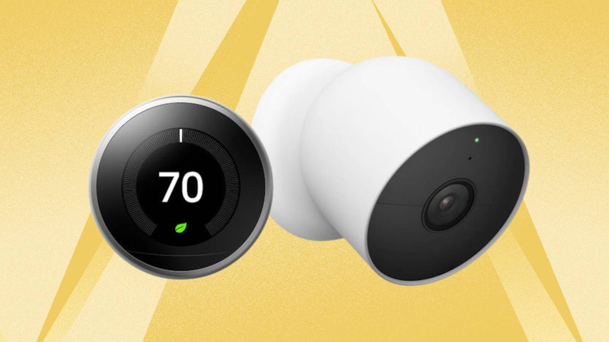 The Google Nest Learning Thermostat 3rd-gen and the Google Nest Indoor/Outdoor wireless camera are displayed against a yellow background.