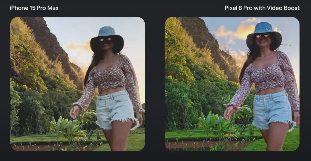 A side-by-side comparison of video from Apple's iPhone 15 Pro and Google's Pixel 8 Pro processed with Video Boost video technology. In the comparison, Google's video shows more details on a person's shadowed face and a bluer sky.