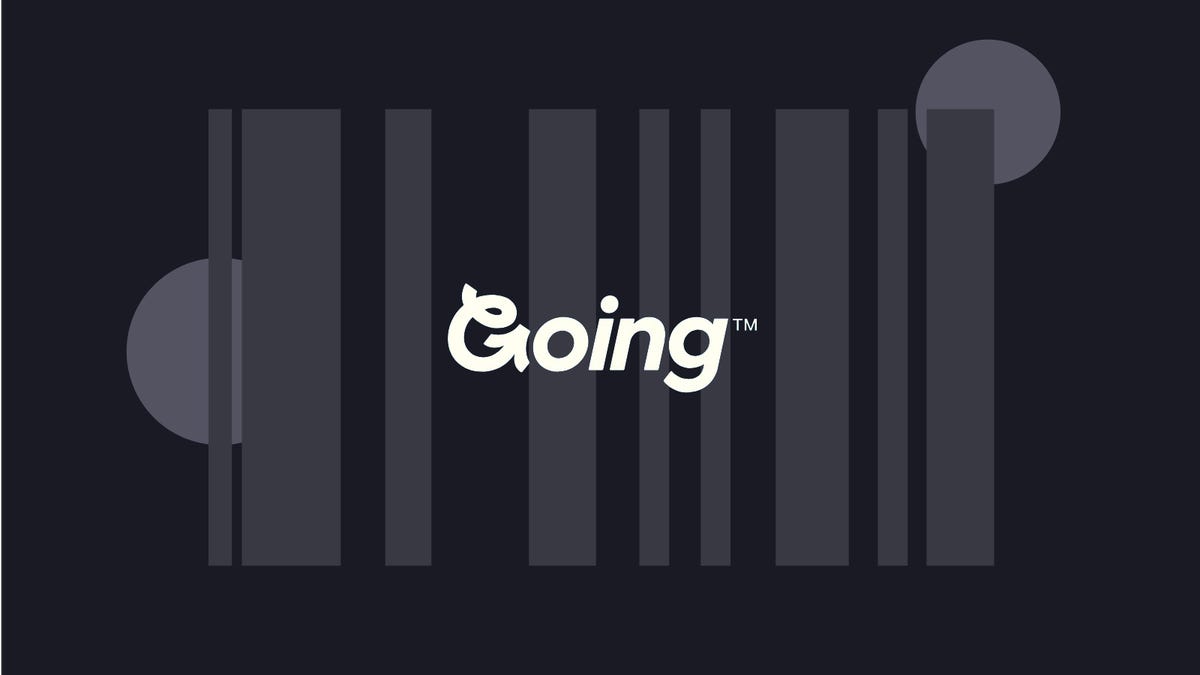 The white logo for Going.com, formerly Scott&apos;s Cheap Flights, is displayed against a black background.
