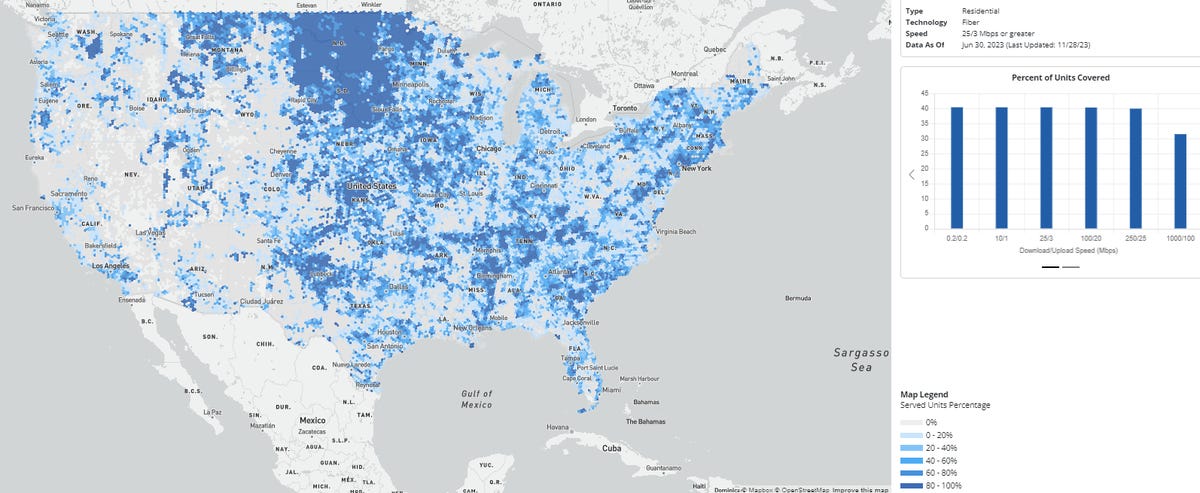 Screenshot of FCC map displaying fiber internet coverage nationwide.