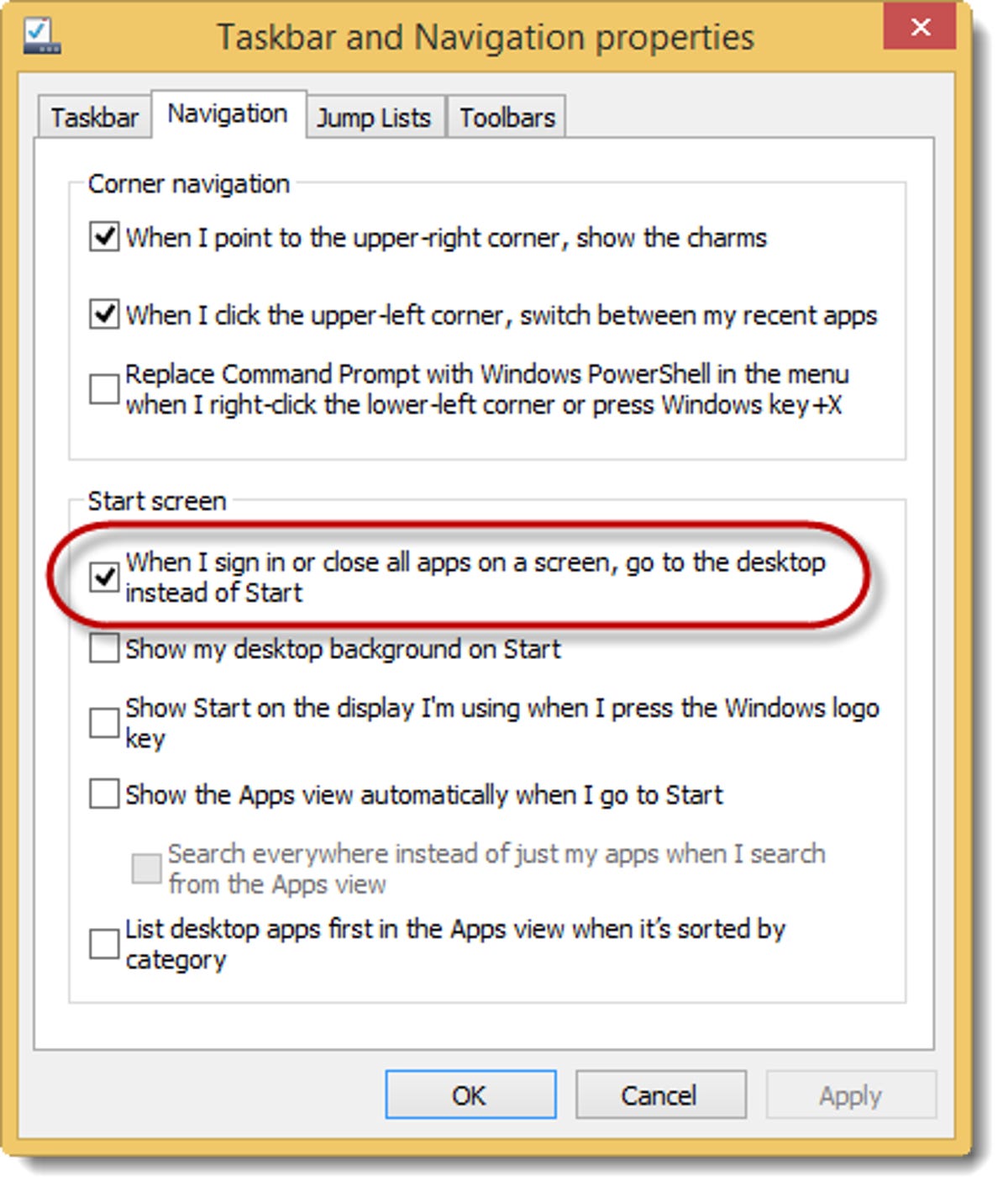 Windows 8.1 navigation settings