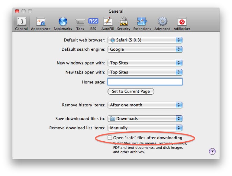 Safari's 'Safe' files preferences
