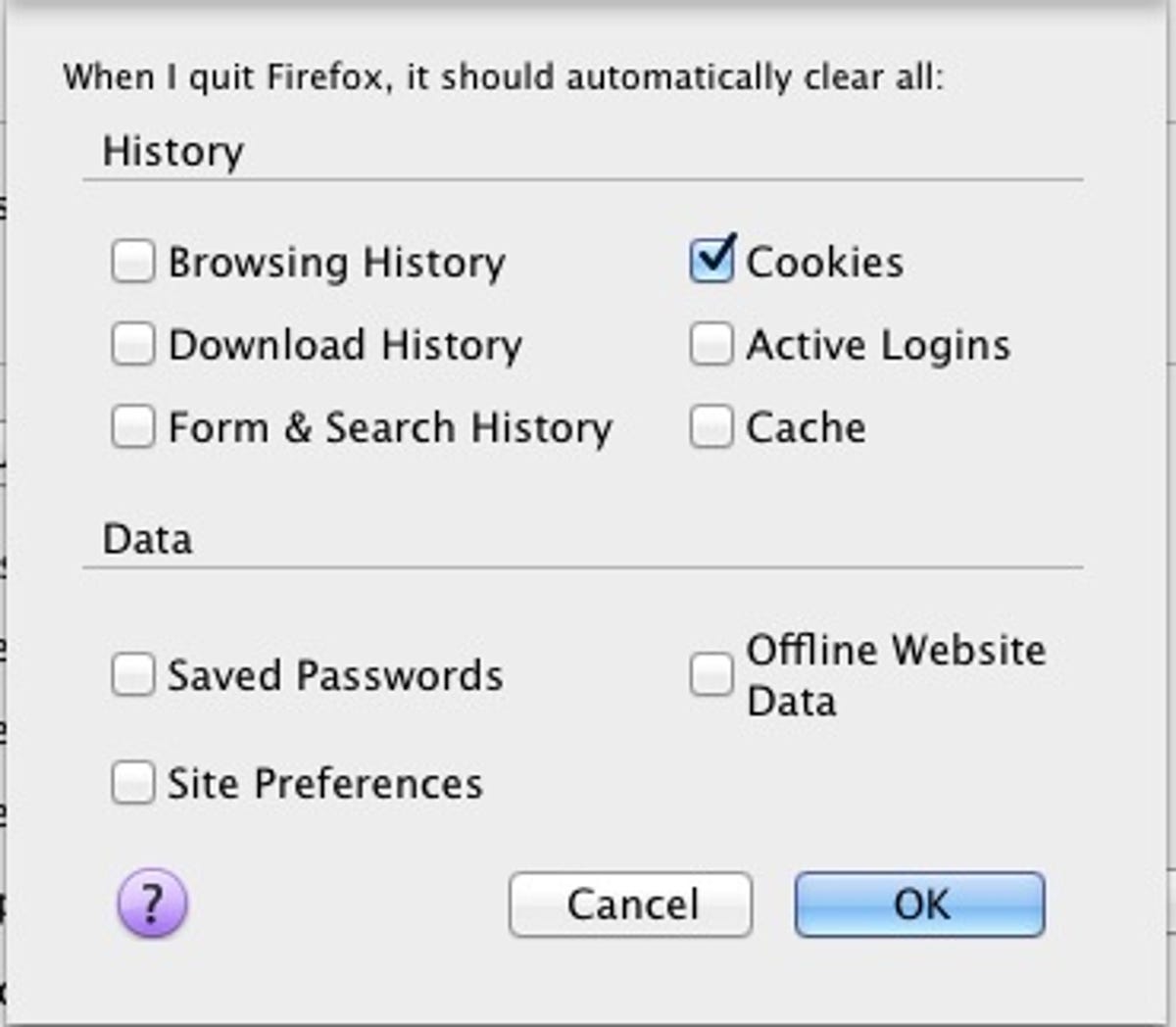Firefox Clear History options