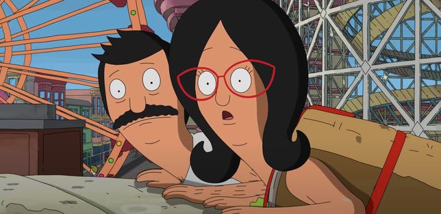 Still from Bob's Burgers Movie showing Bob and Linda Belcher