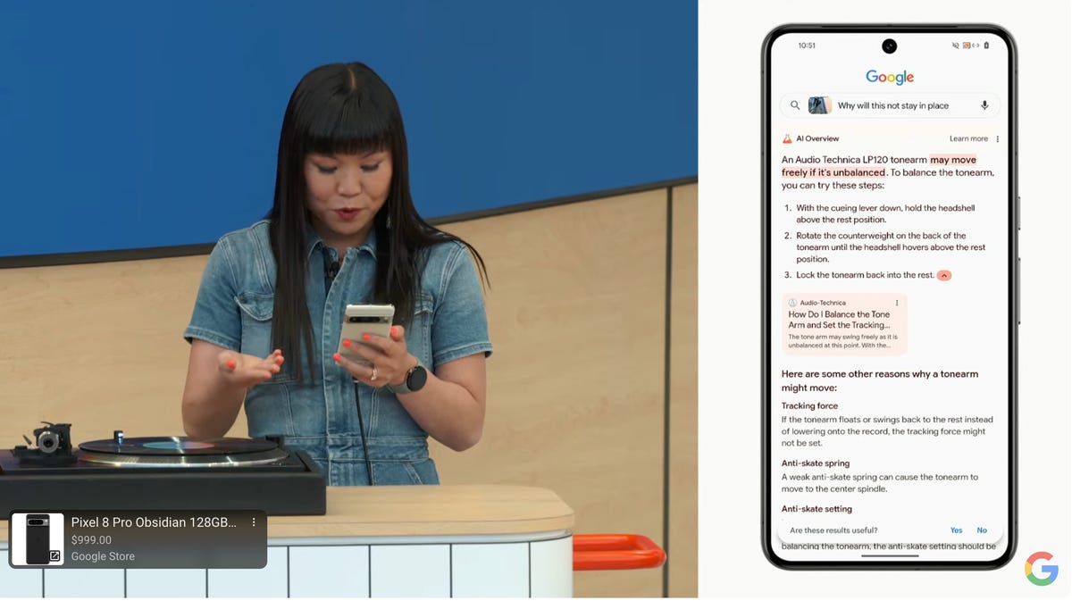 Rose Yao using pixel phone to search with google gemini AI to search