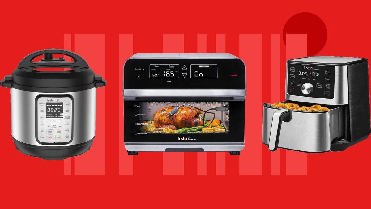 An Instant Pot multicooker, toaster oven and air fryer against a red background.