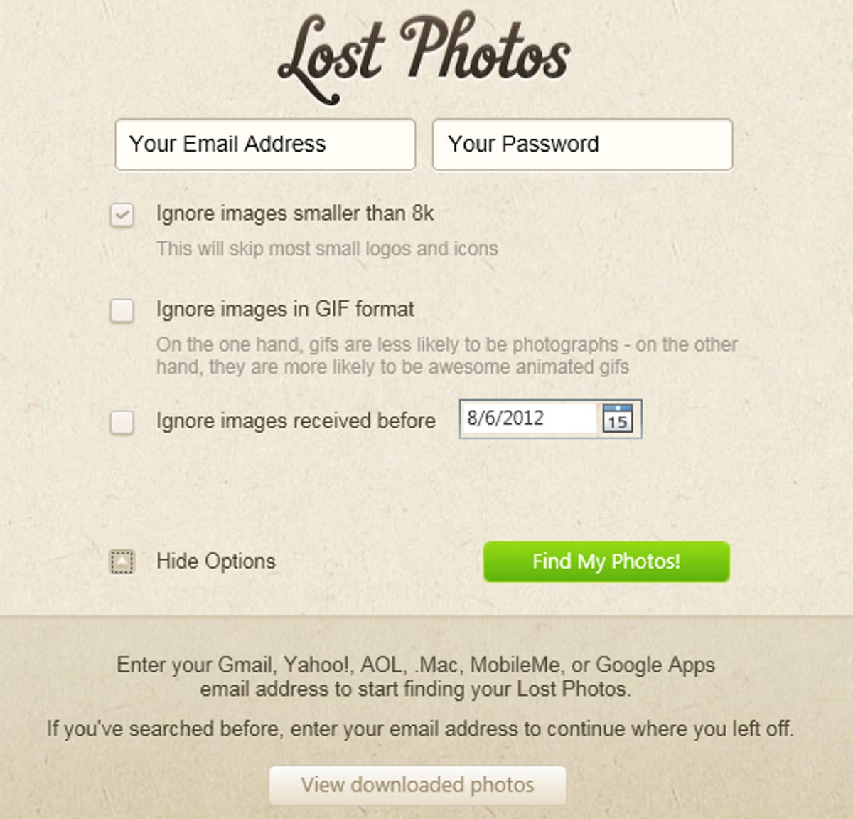 Step 2: Set options for Lost Photos.
