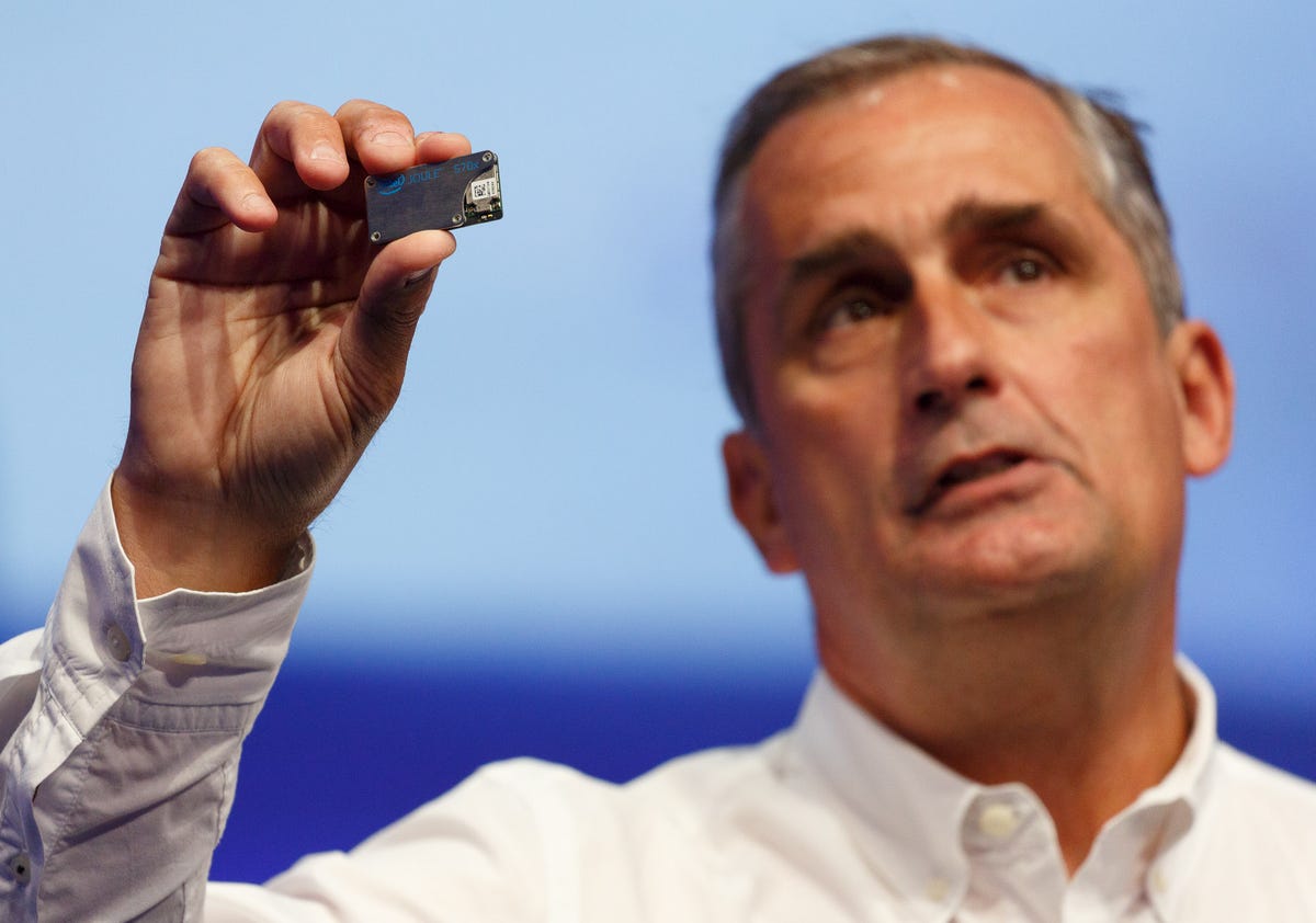 Intel CEO Brian Krzanich holds a tiny Atom chip-powered Joule 570x computing module at IDF 2016.