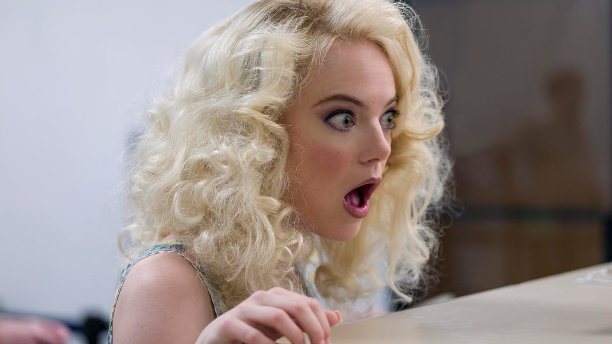 Emma Stone's character in Maniac gapes with a shocked expression.