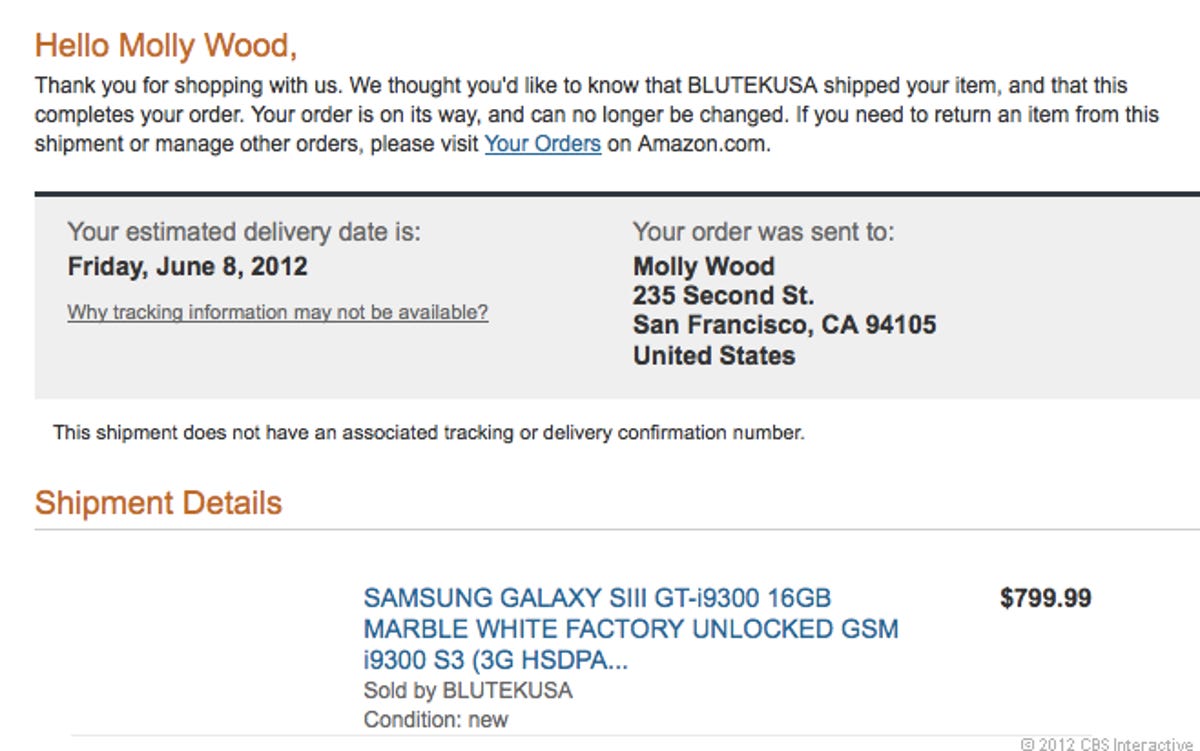 Amazon order confirmation for the Samsung Galaxy S III