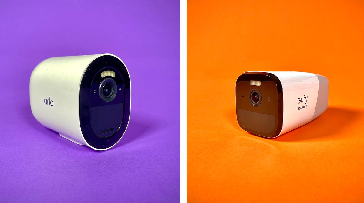 The Arlo Go 2 and Eufy 4G Starlight outdoor security cameras against purple and orange backdrops, respectively.