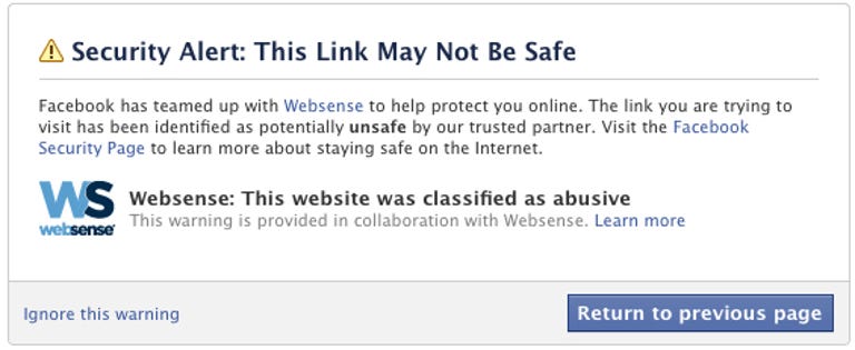 This is the warning that will pop up if WebSense determines that a Web link on Facebook is unsafe.
