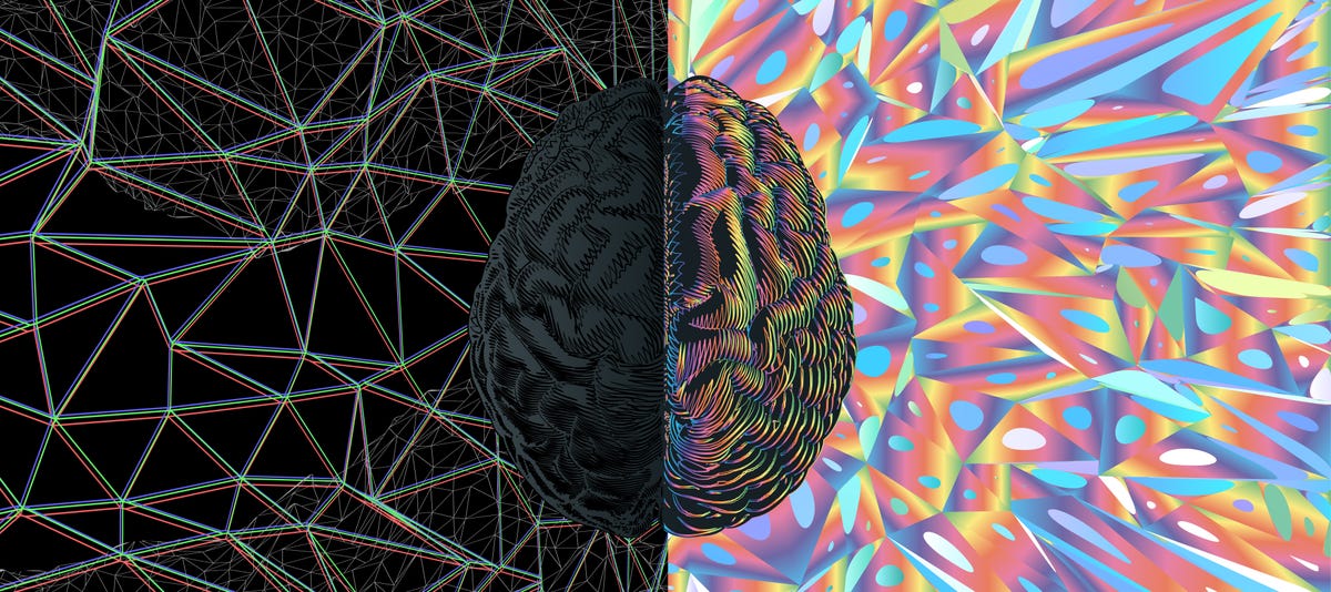 A brain against a patterned background with one half in color and the other half black and white