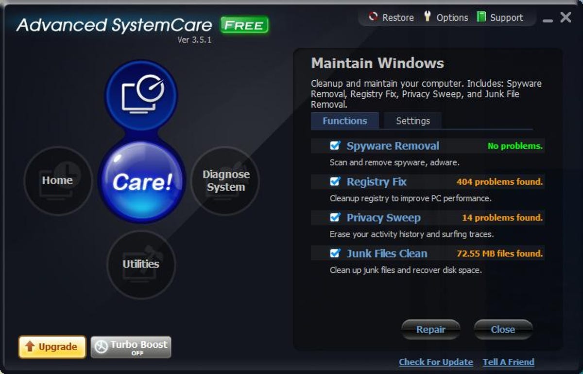 Main Advanced SystemCare Free window