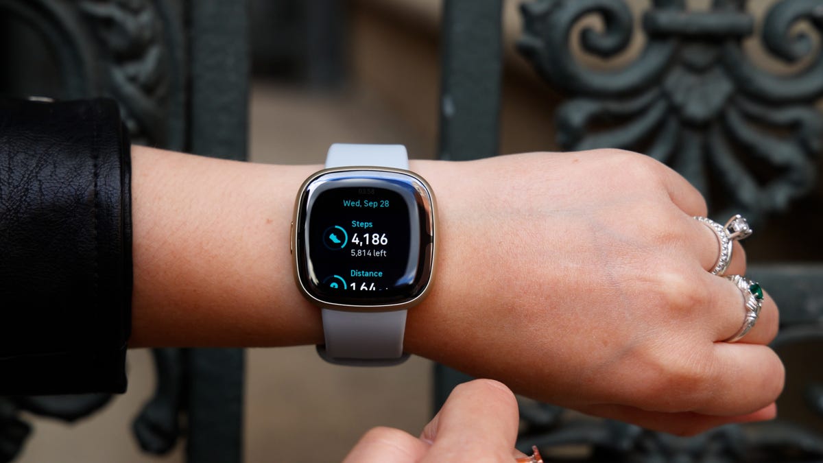 The Fitbit Sense 2 showing fitness stats