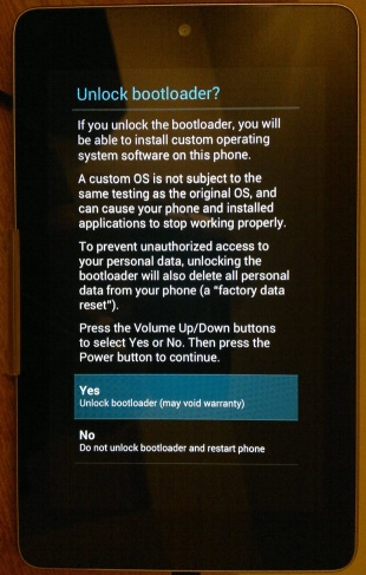 The Android boot loader unlock screen