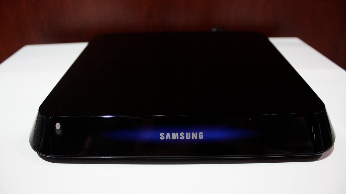 Samsung&apos;s unannounced Google TV set-top box, running in its booth at CES.