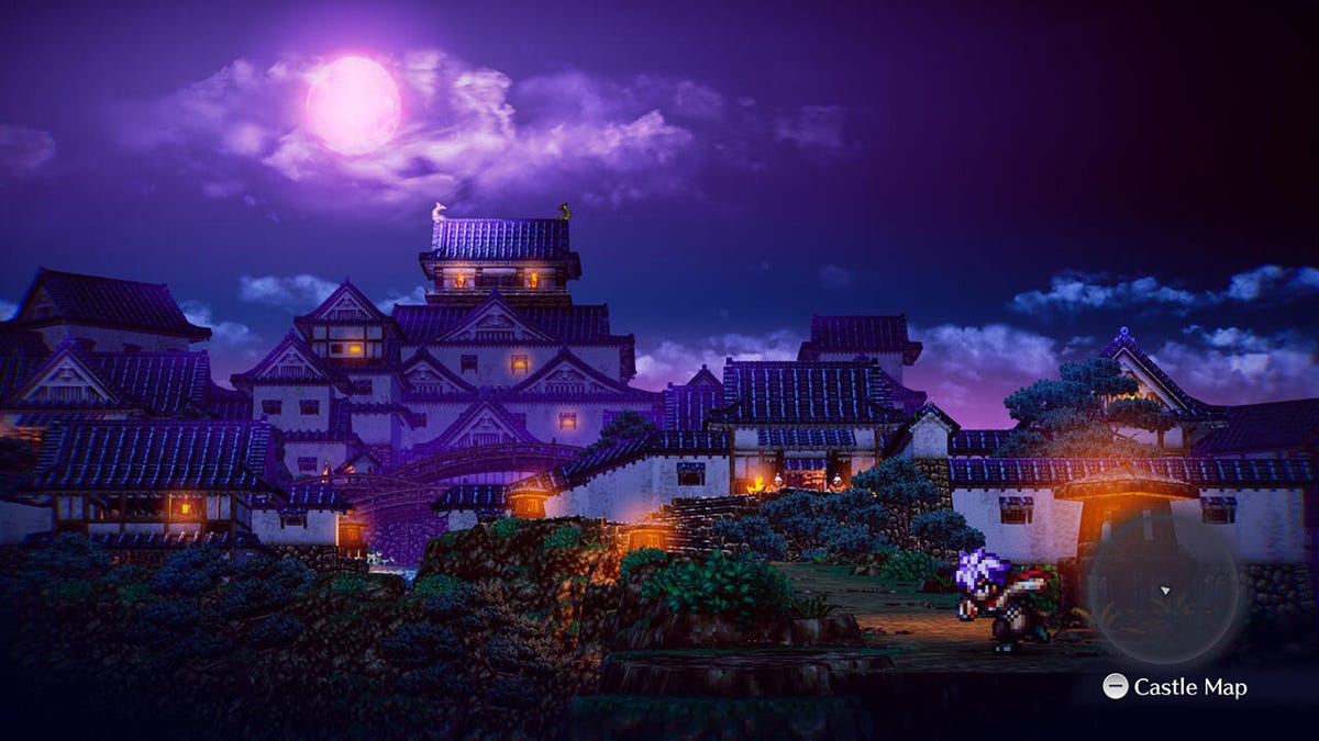 A shinobi runs towards a castle set against a purple moon in Live A Live's Edo Japan section