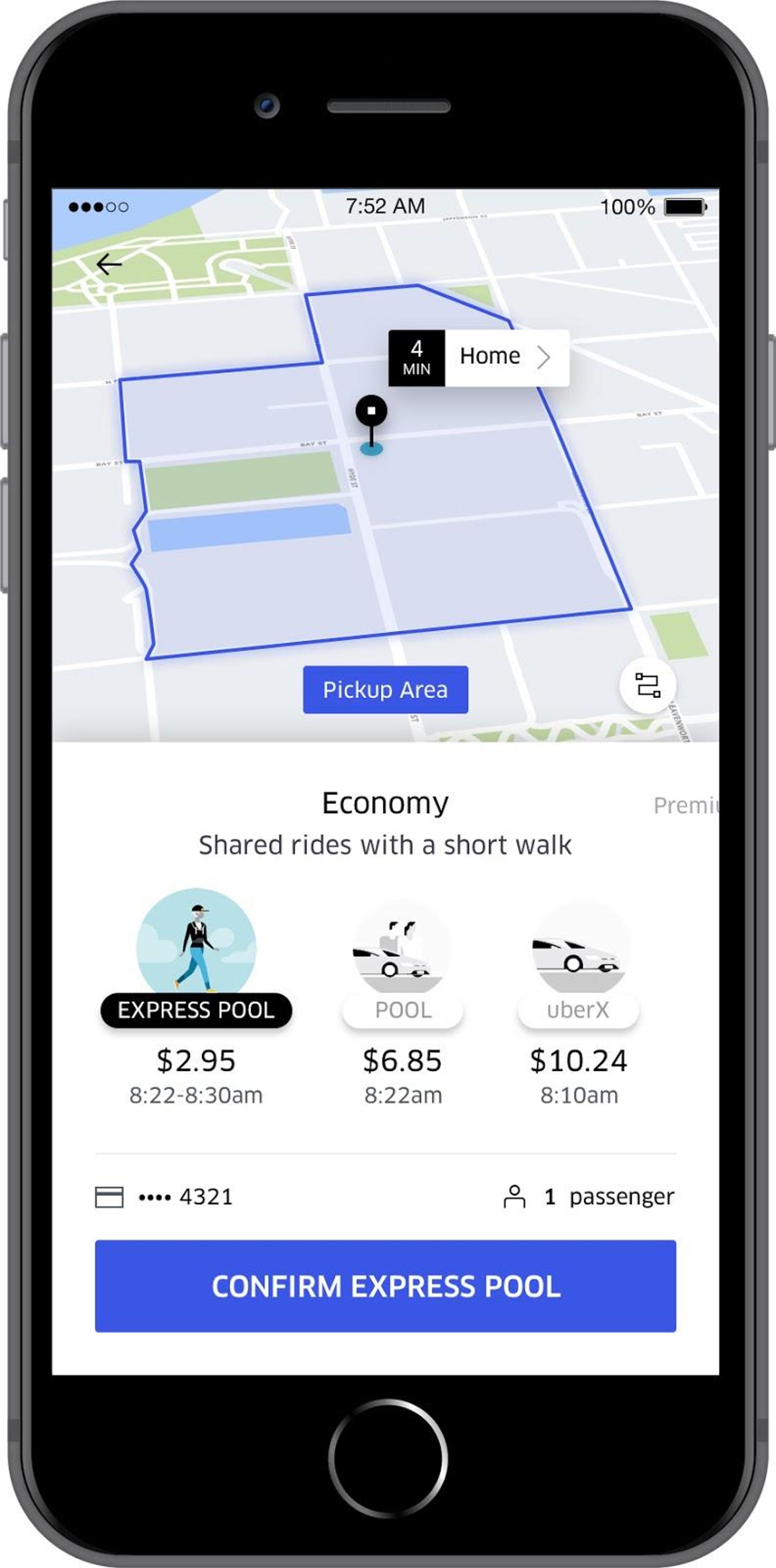 Uber Express Pool app showing pickup location.