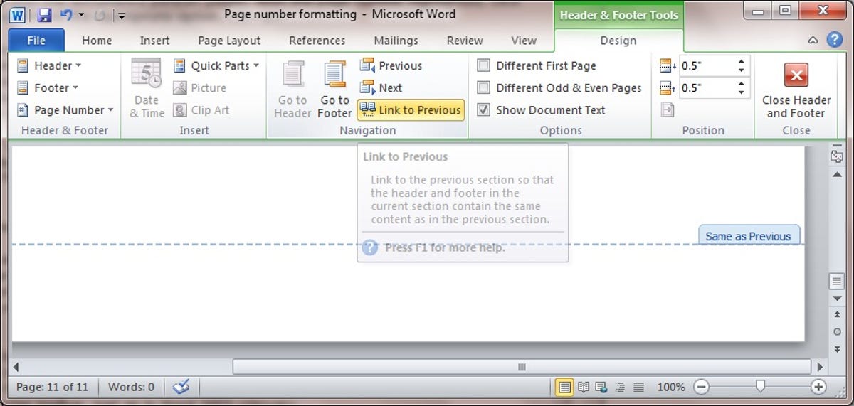 Microsoft Word 2010 Header and Footer options
