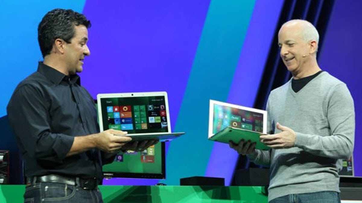 Microsoft's Michael Angiulo (left) and Steven Sinofsky show off Windows 8 at the company's Build conference on September 13, 2011.