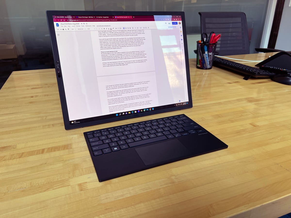 Asus Zenbook Fold OLED fully open in landscape desktop mode.