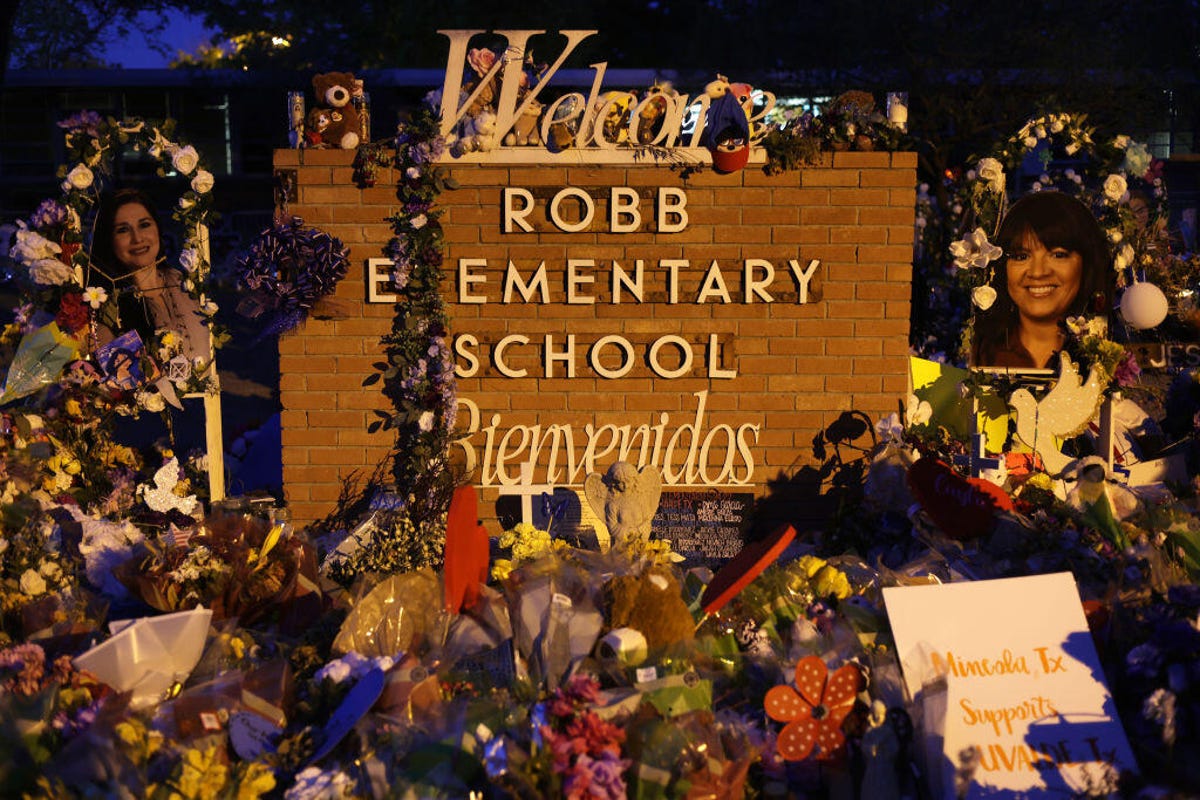 A makeshift memorial at Robb Elementary School in Uvalde, Texas