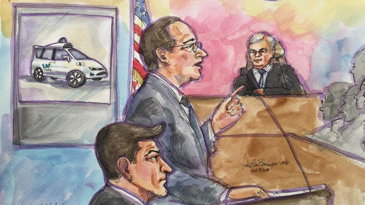 In a courtroom sketch, Waymo lawyer Charles Voehoeven addresses the jury in the Waymo v. Uber trial over allegedly stolen trade secrets involving self-driving cars.