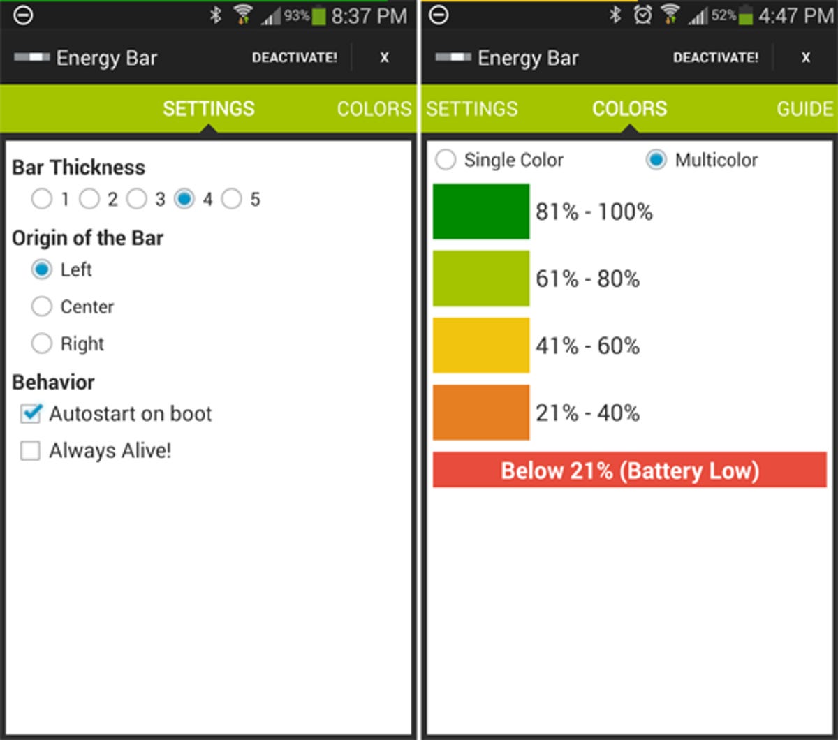 Energy Bar for Android settings