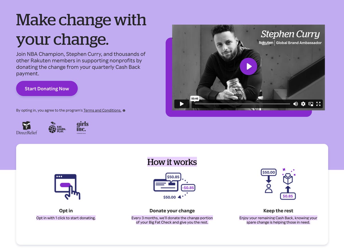 Rakuten Cash Back for Change website screenshot