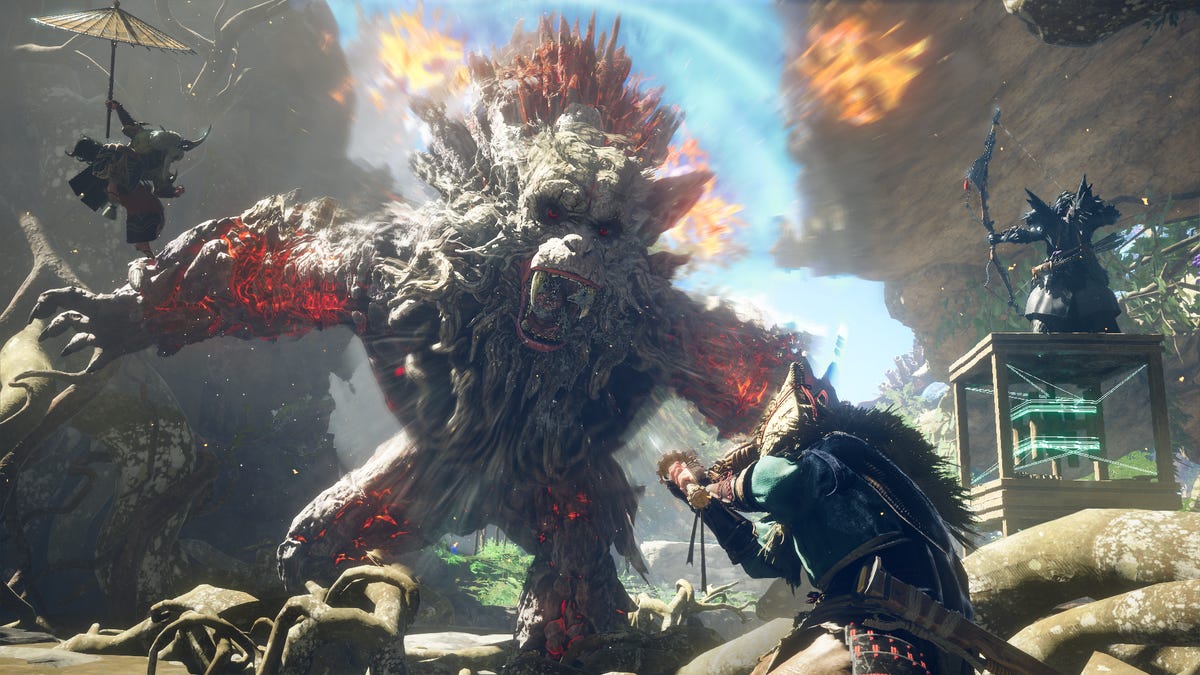 a giant monster approaches a hunter from the game Wild Hearts