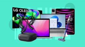A TV, two laptops, headphones, a vacuum and an iPad are displayed against a teal background.