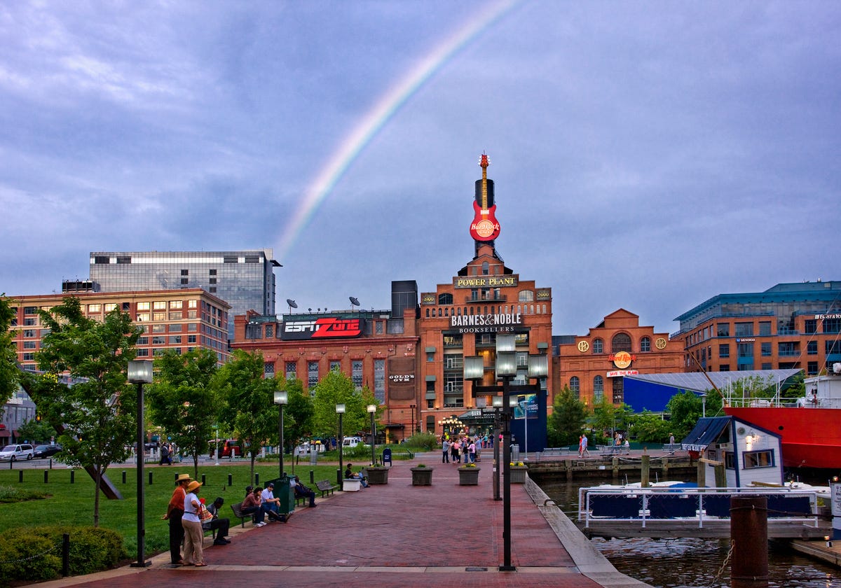 Rainbow over Pratt Street Power Plant building in Baltimore's Inner Harbor.