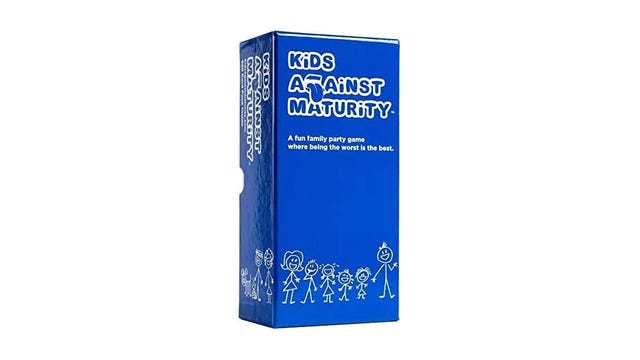 A blue card box with a stick family on the bottom
