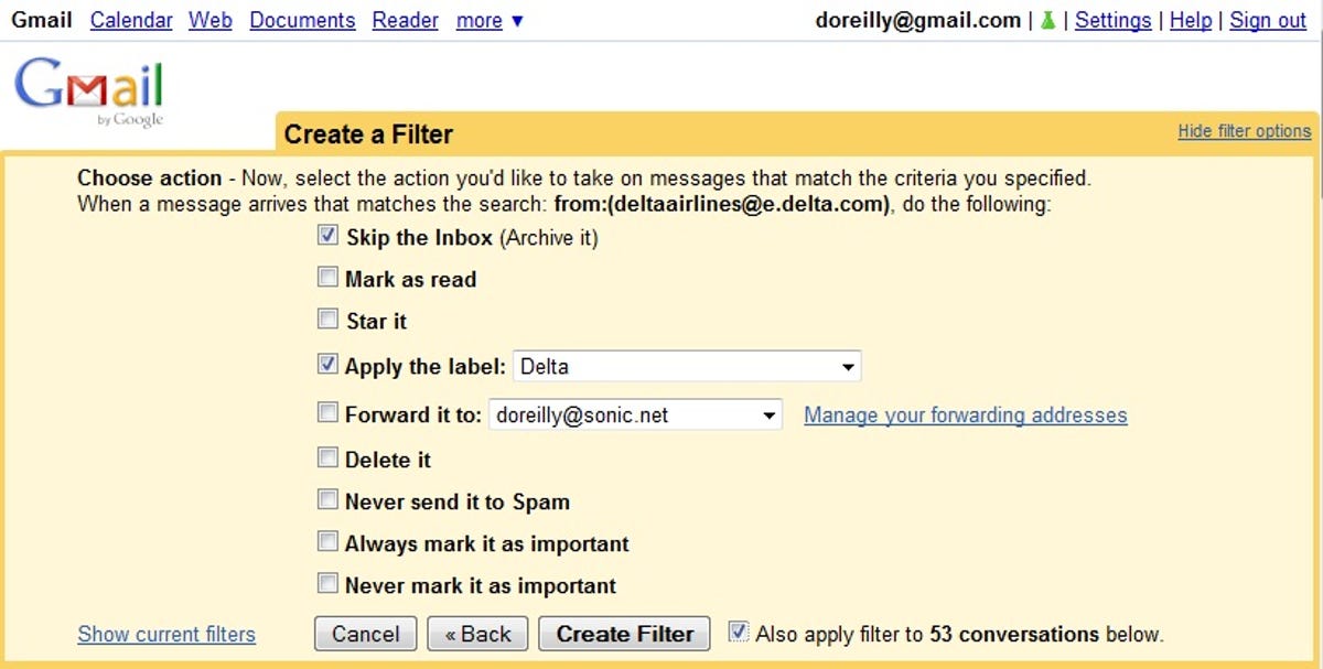 Gmail Create filter window