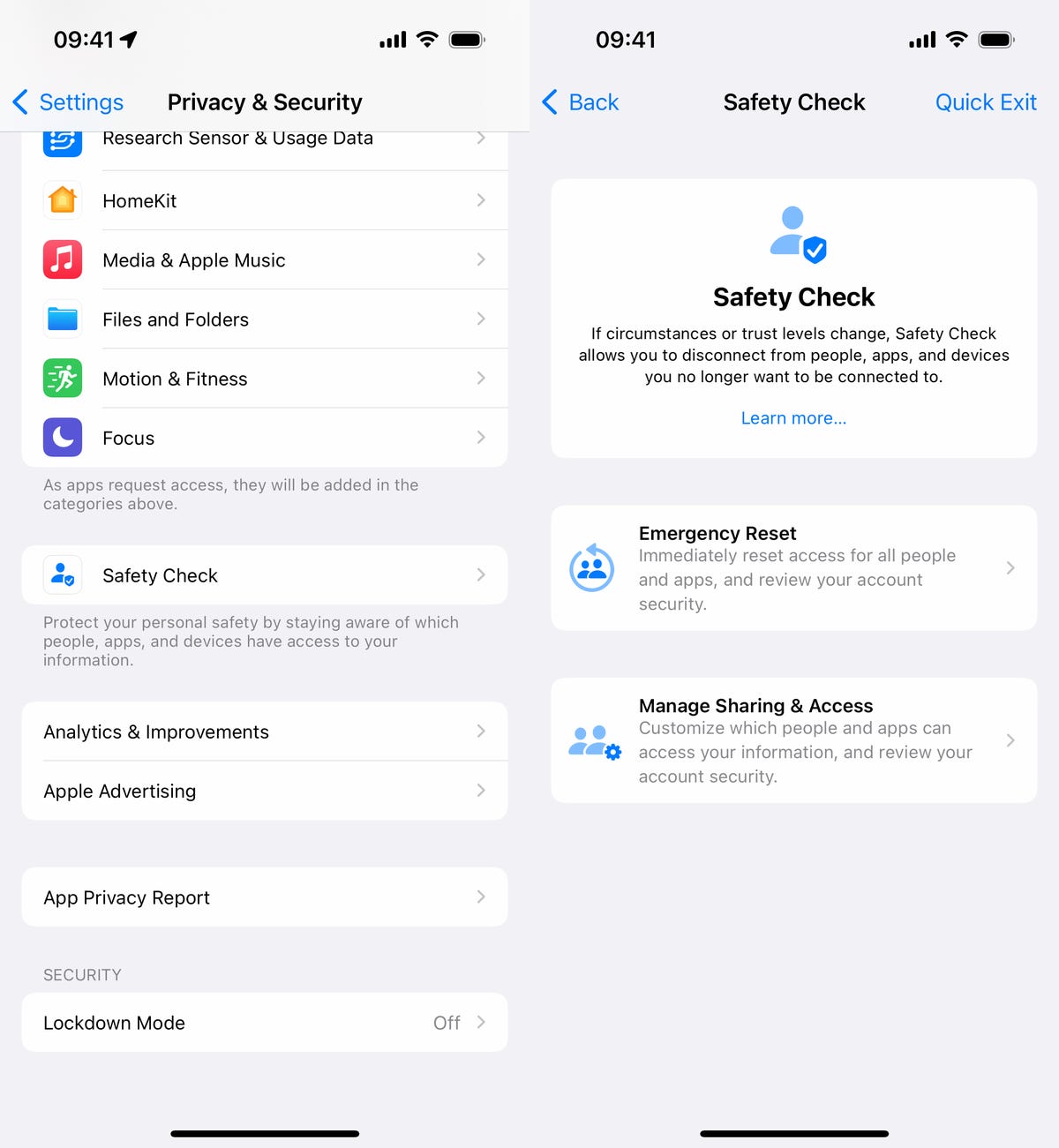 Safety Check settings in iOS