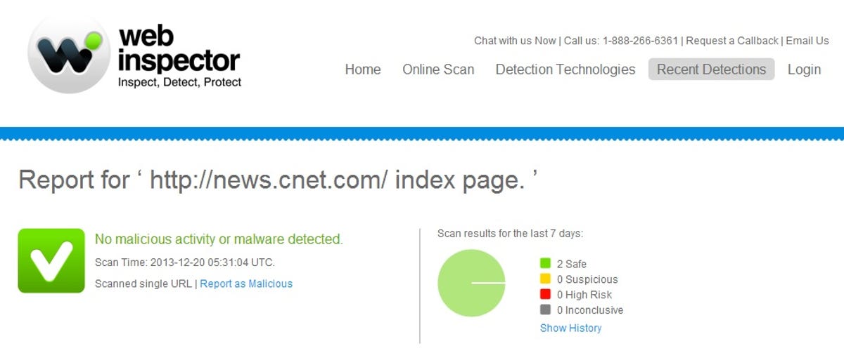 Comodo Dragon Web Inspector scan results