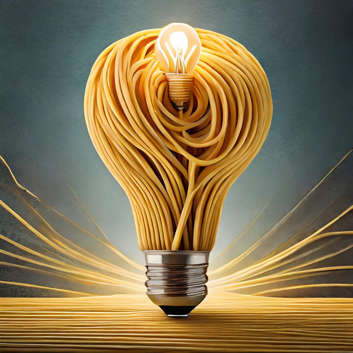 An AI-generated image of a lightbulb made of spaghetti with a smaller ordinary lightbulb tucked inside