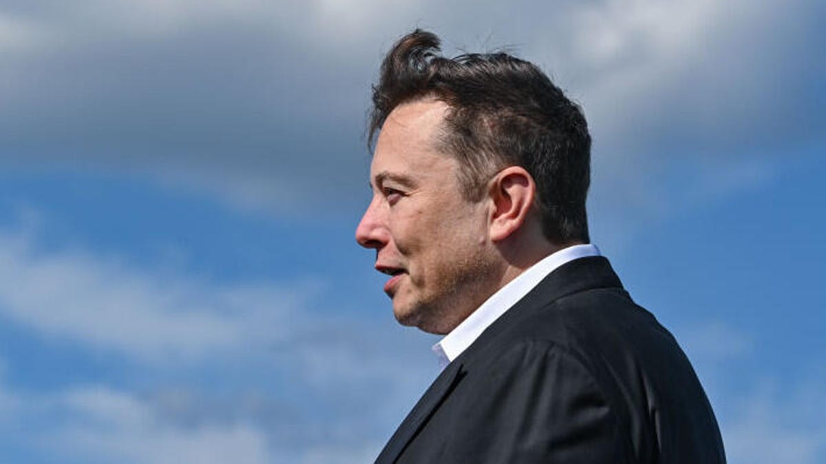 Elon Musk in profile against a blue sky and clouds. Wind stirs his hair.