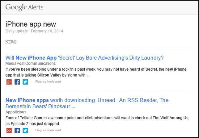 A Google Alert for iPhone app new delivered via e-mail.