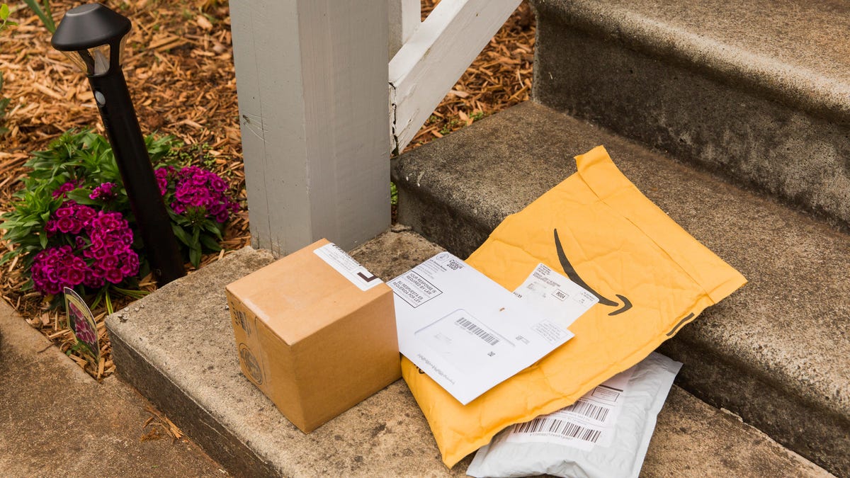 Multiple packages laying on front door steps.