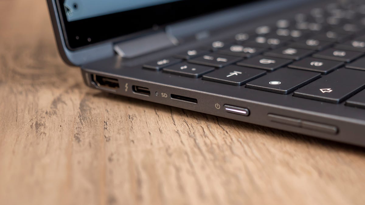 Close-up of the ports and buttons on the left side of the HP Elite Dragonfly Chromebook.