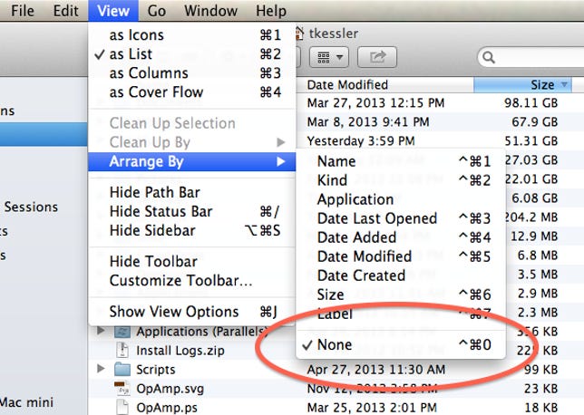 View menu options in the Finder